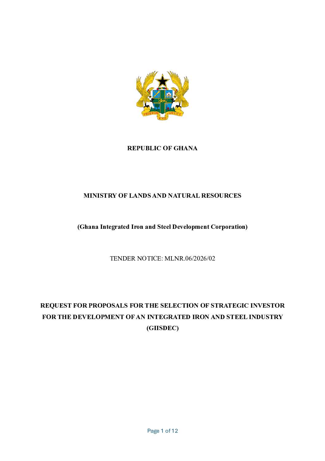 TENDER NOTICE – ASATO-GYAMURUME IRON ORE DEPOSIT